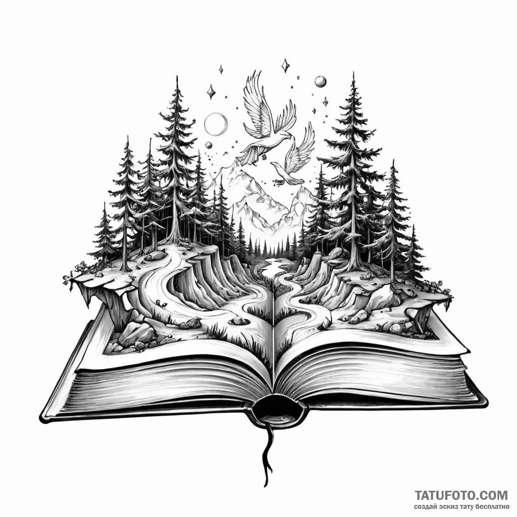 A book with a fantasy world growing from its… — эскиз тату (№1749783985_0, 13.06.2025 03:06) — Tatufoto.com