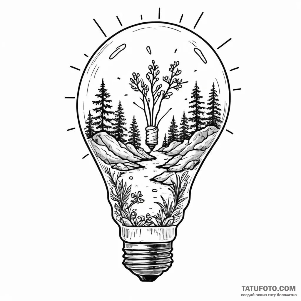 A lightbulb containing a tiny ecosystem — эскиз тату (№1749784123_0, 13.06.2025 03:08) — Tatufoto.com
