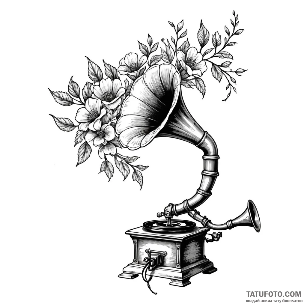 A gramophone with flowers growing out of the… — эскиз тату (№1749784255_0, 13.06.2025 03:10) — Tatufoto.com
