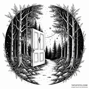 An open door in the middle of a forest leadin... - эскиз тату (№1749784322_0, 13.06.2025 03:12) — Tatufoto.com