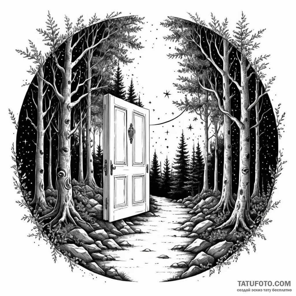 An open door in the middle of a forest leadin... - эскиз тату (№1749784322_0, 13.06.2025 03:12) — Tatufoto.com
