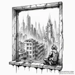 A window looking out onto a cyberpunk city — эскиз тату (№1749784388_0, 13.06.2025 03:13) — Tatufoto.com