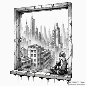 A window looking out onto a cyberpunk city - эскиз тату (№1749784388_0, 13.06.2025 03:13) — Tatufoto.com