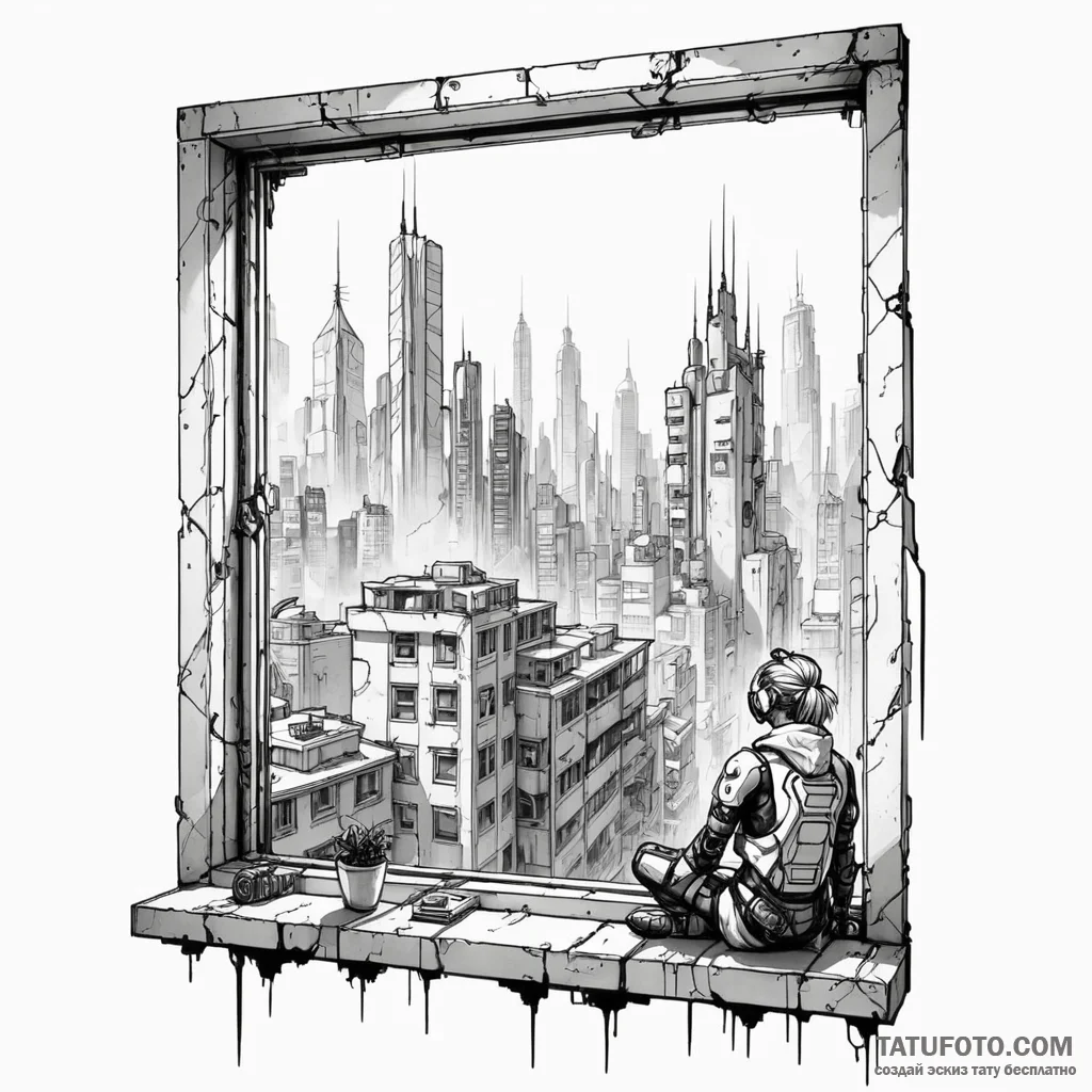 A window looking out onto a cyberpunk city - эскиз тату (№1749784388_0, 13.06.2025 03:13) — Tatufoto.com