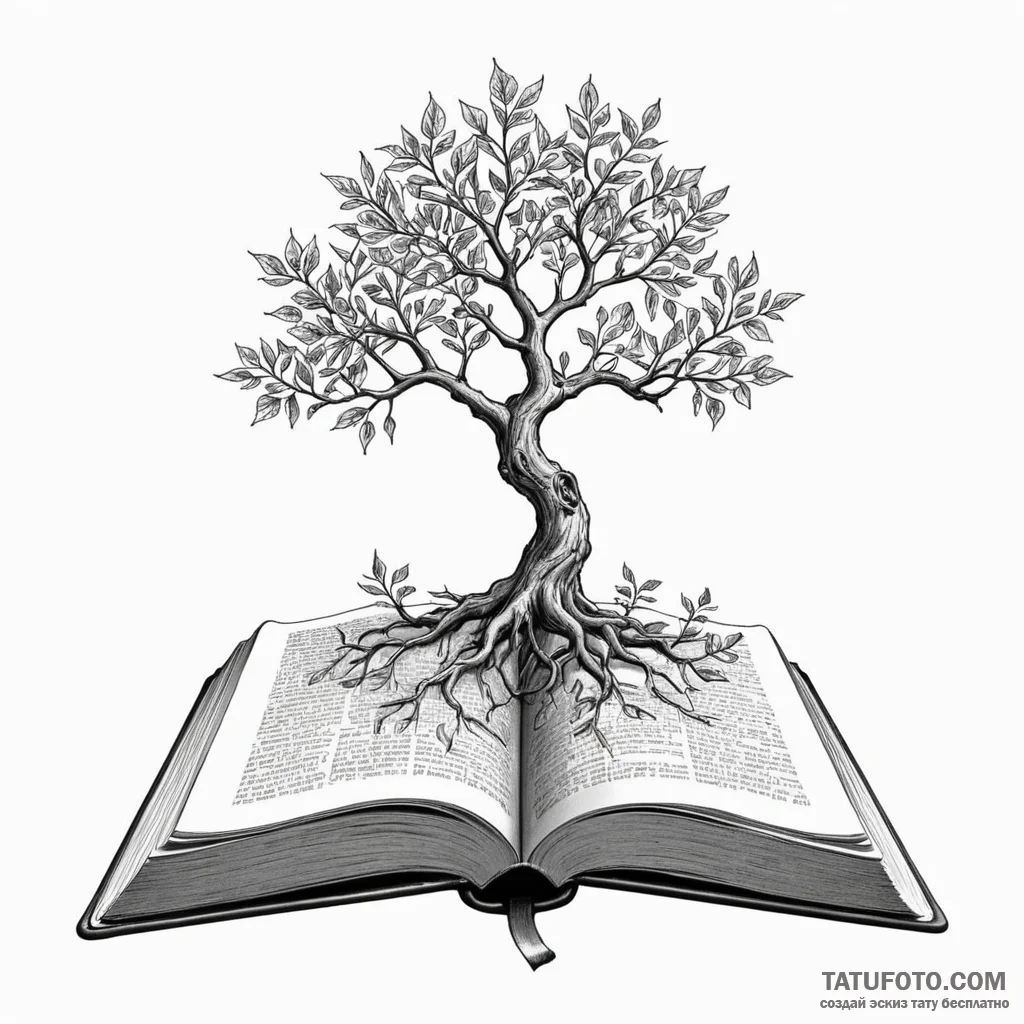 A tree growing out of an open book - эскиз тату (№1749784456_0, 13.06.2025 03:14) — Tatufoto.com