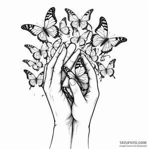 A human hand crumbling into butterflies - эскиз тату (№1749784654_0, 13.06.2025 03:17) — Tatufoto.com