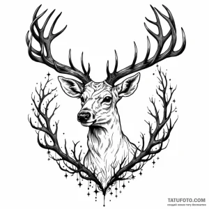 A deer with antlers made of dead branches and... - эскиз тату (№1749784785_0, 13.06.2025 03:19) — Tatufoto.com
