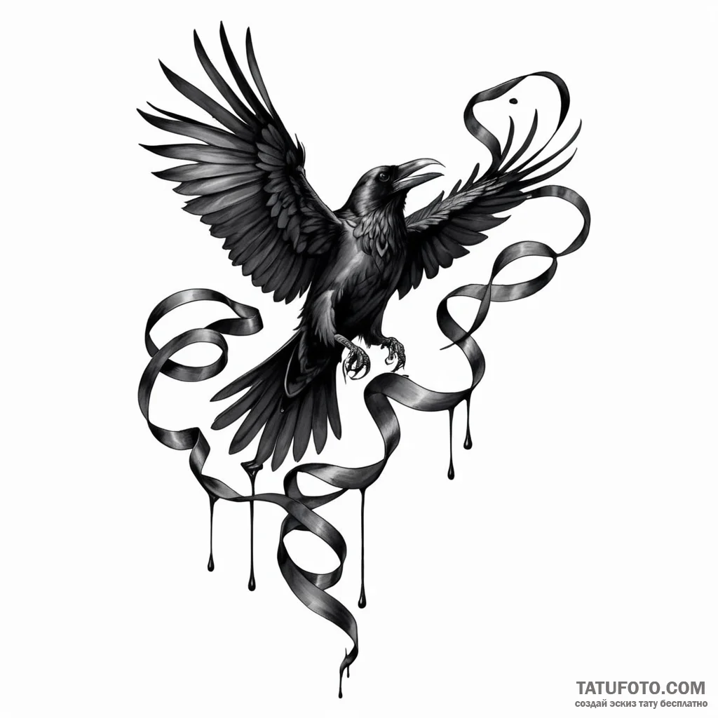 A raven unravelling into a ribbon of ink — эскиз тату (№1749784985_0, 13.06.2025 03:23) — Tatufoto.com