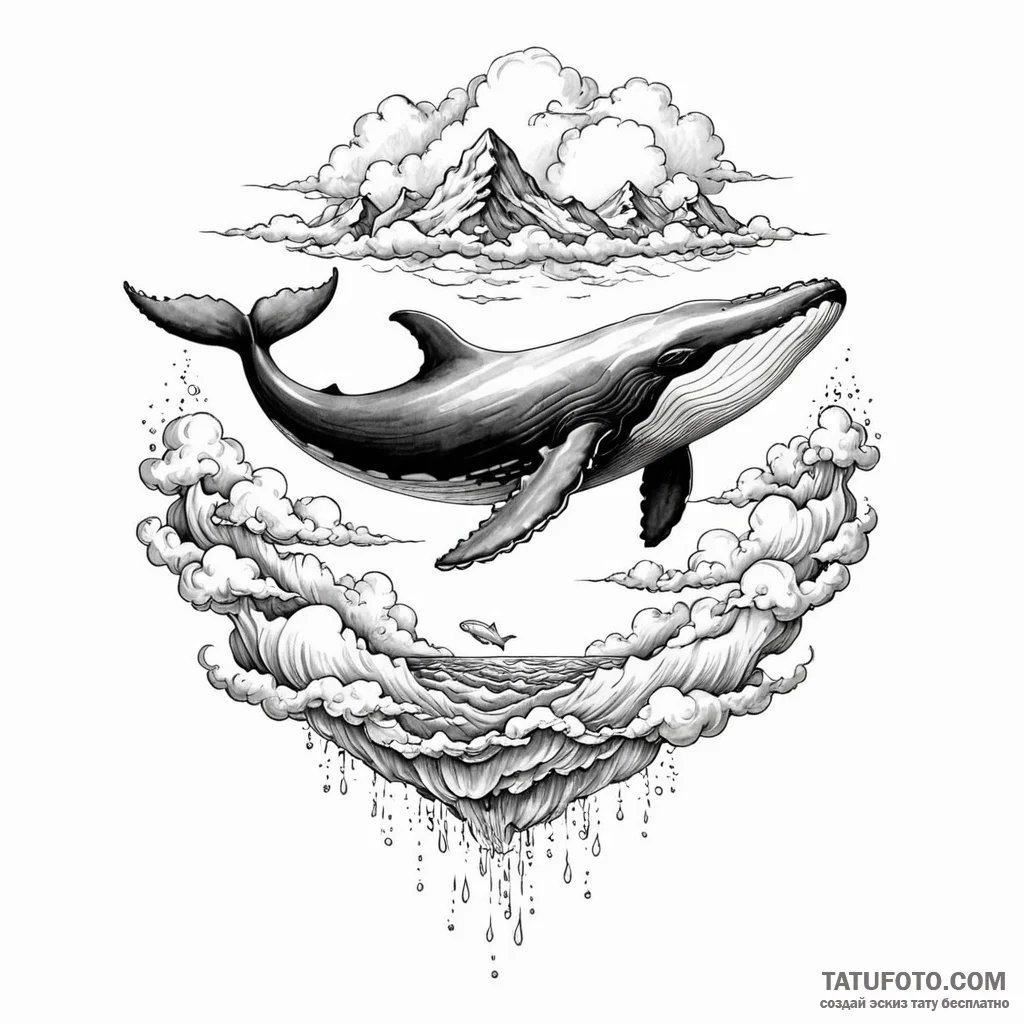 A whale swimming through clouds — эскиз тату (№1749785054_0, 13.06.2025 03:24) — Tatufoto.com