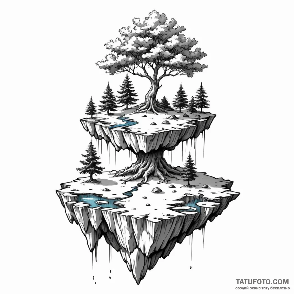A floating island with a single tree — эскиз тату (№1749785120_0, 13.06.2025 03:25) — Tatufoto.com