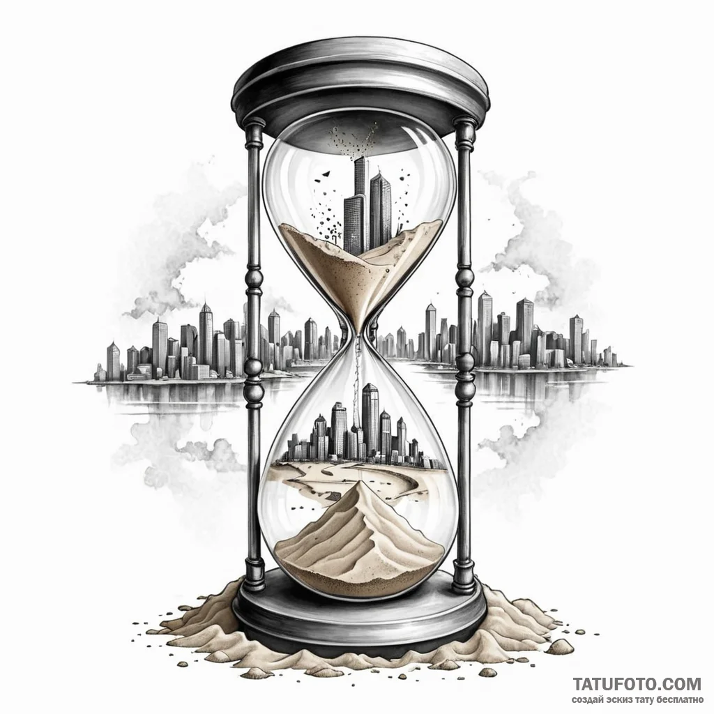 An hourglass filled with city dust instead of... - эскиз тату (№1749785316_0, 13.06.2025 03:28) — Tatufoto.com