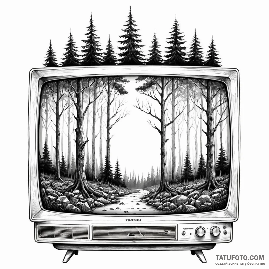 Tv with a forest growing out of the screen - эскиз тату (№1749785510_0, 13.06.2025 03:31) — Tatufoto.com