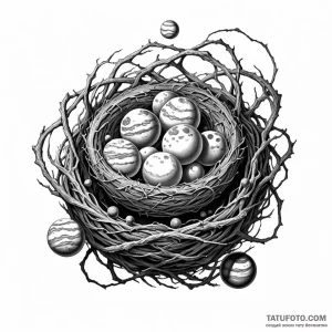 A bird's nest holding planets instead of eggs - эскиз тату (№1749785875_0, 13.06.2025 03:37) — Tatufoto.com