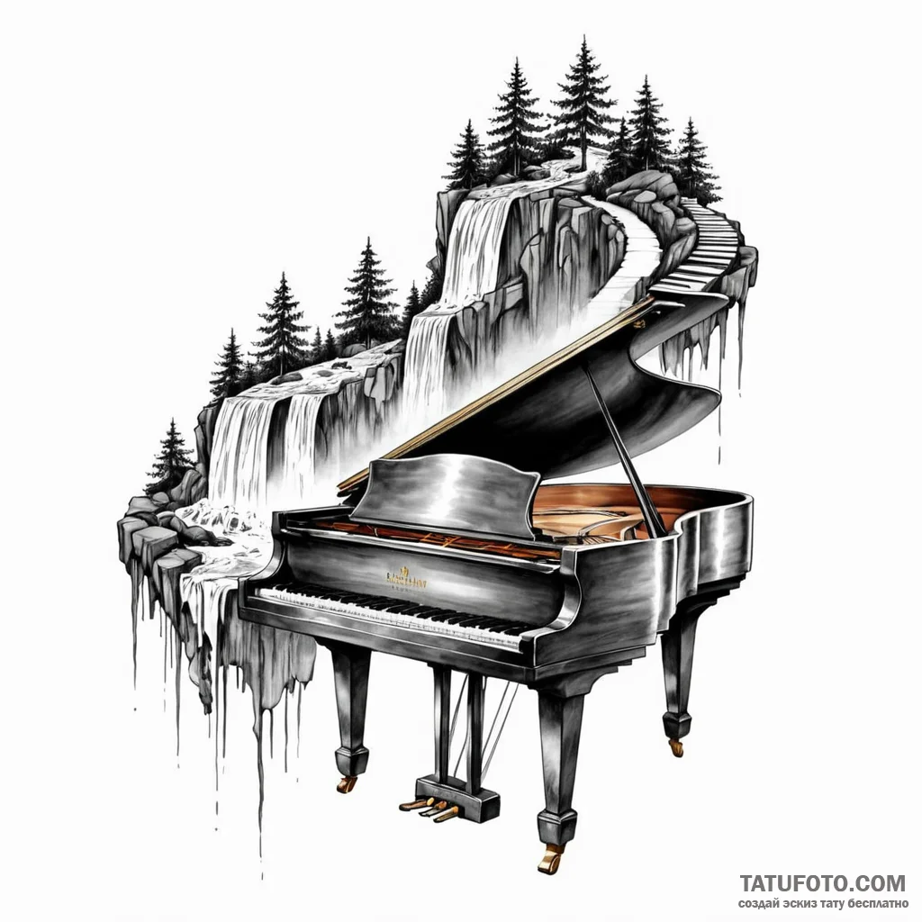 A grand piano with its keys turning into a wa… — эскиз тату (№1749786006_0, 13.06.2025 03:40) — Tatufoto.com