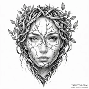 A human face made from interwoven tree branch... - эскиз тату (№1749786136_0, 13.06.2025 03:42) — Tatufoto.com