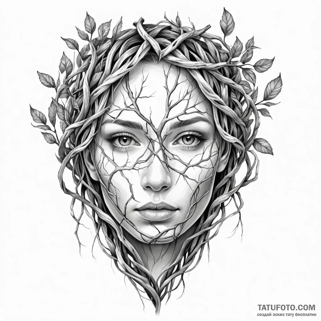 A human face made from interwoven tree branch... - эскиз тату (№1749786136_0, 13.06.2025 03:42) — Tatufoto.com
