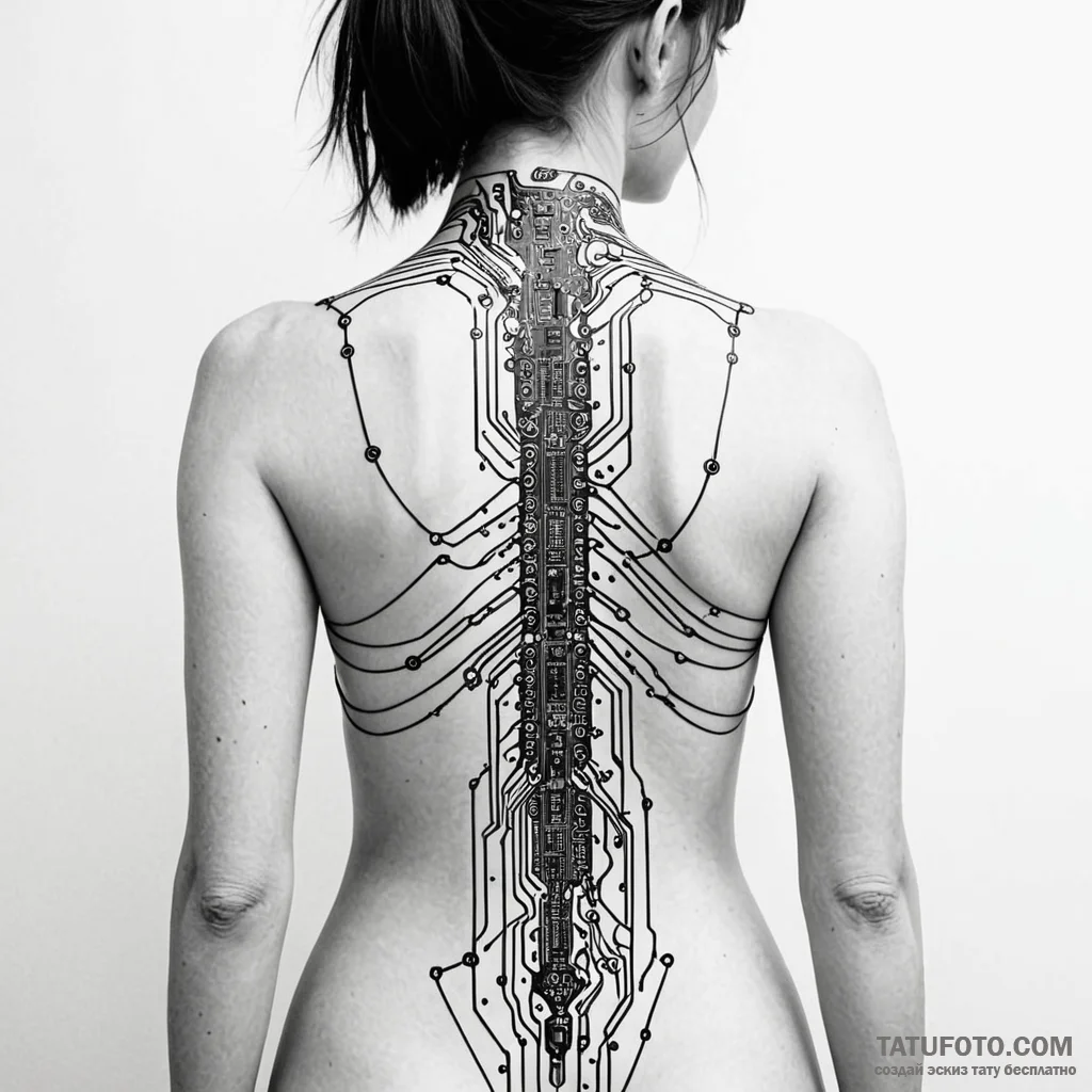 Circuit board pattern on a human back — эскиз тату (№1749786718_0, 13.06.2025 03:51) — Tatufoto.com
