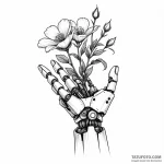 Robotic hand holding a real flower — эскиз тату (№1749787171_0, 13.06.2025 03:59) — Tatufoto.com