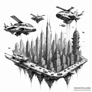 Dystopian city skyline with flying vehicles - эскиз тату (№1749787496_0, 13.06.2025 04:04) — Tatufoto.com