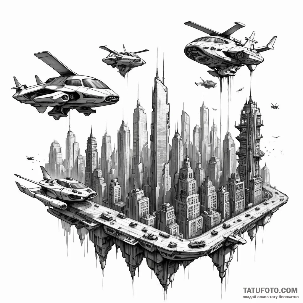 Dystopian city skyline with flying vehicles — эскиз тату (№1749787496_0, 13.06.2025 04:04) — Tatufoto.com