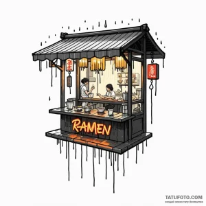 A neon ramen shop sign in the rain - эскиз тату (№1749787692_0, 13.06.2025 04:08) — Tatufoto.com