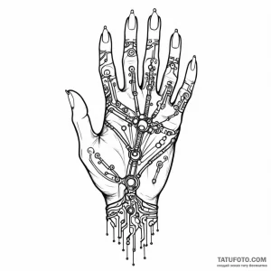 A hand with glowing circuit tattoos - эскиз тату (№1749788075_0, 13.06.2025 04:14) — Tatufoto.com