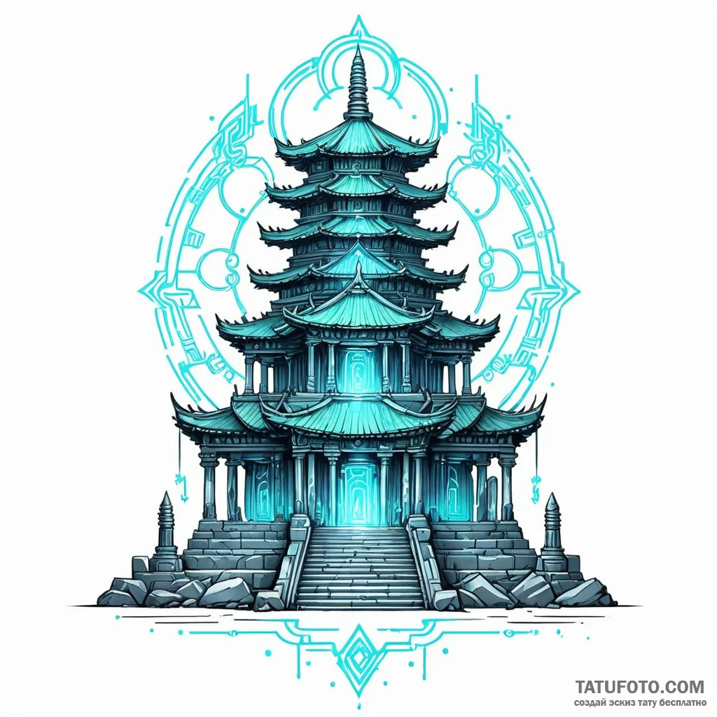 An ancient temple with neon holographic glyph... - эскиз тату (№1749788140_0, 13.06.2025 04:15) — Tatufoto.com