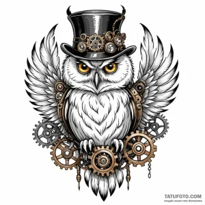 Steampunk owl with gear-feathers - эскиз тату (№1749788400_0, 13.06.2025 04:20) — Tatufoto.com