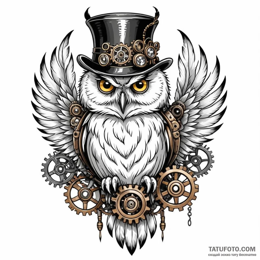 Steampunk owl with gear-feathers — эскиз тату (№1749788400_0, 13.06.2025 04:20) — Tatufoto.com