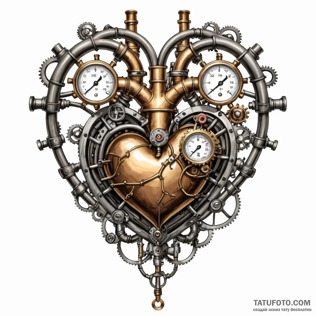 Steampunk heart with pipes and pressure gauge… — эскиз тату (№1749788463_0, 13.06.2025 04:21) — Tatufoto.com