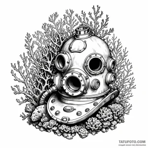 An old diving helmet overgrown with coral - эскиз тату (№1749788528_0, 13.06.2025 04:22) — Tatufoto.com