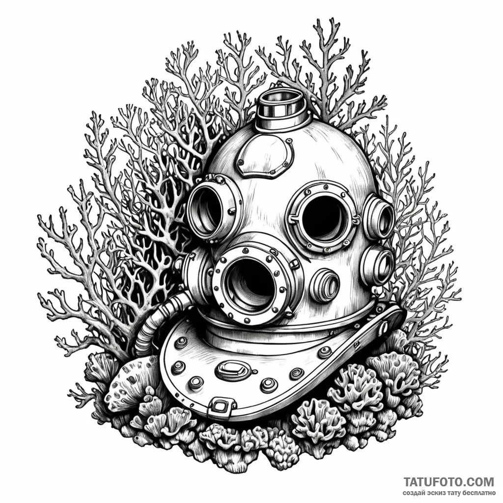 An old diving helmet overgrown with coral — эскиз тату (№1749788528_0, 13.06.2025 04:22) — Tatufoto.com