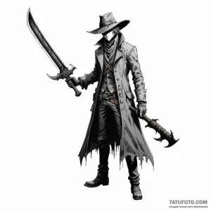 A hunter from bloodborne with saw cleaver - эскиз тату (№1749789437_0, 13.06.2025 04:37) — Tatufoto.com