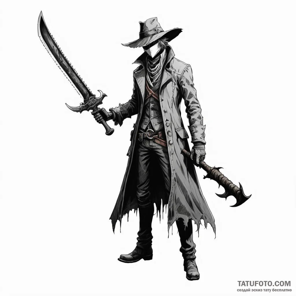 A hunter from bloodborne with saw cleaver — эскиз тату (№1749789437_0, 13.06.2025 04:37) — Tatufoto.com