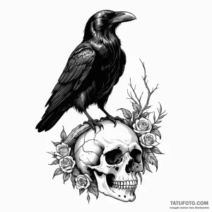 A raven perched on a skull - эскиз тату (№1749792477_0, 13.06.2025 05:27) — Tatufoto.com