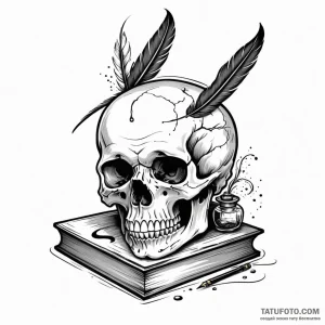 A skull used as an inkwell with a quill - эскиз тату (№1749792542_0, 13.06.2025 05:29) — Tatufoto.com