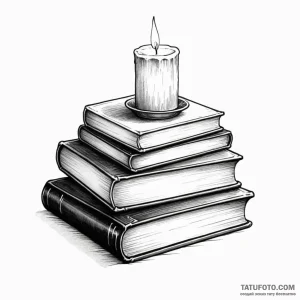 A stack of old books with a lit candle on top - эскиз тату (№1749792736_0, 13.06.2025 05:32) — Tatufoto.com