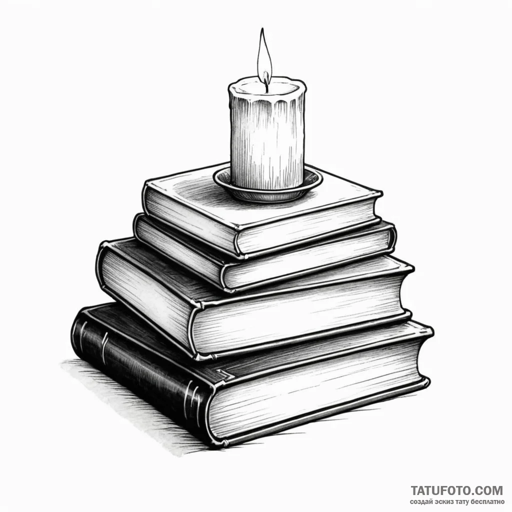 A stack of old books with a lit candle on top - эскиз тату (№1749792736_0, 13.06.2025 05:32) — Tatufoto.com