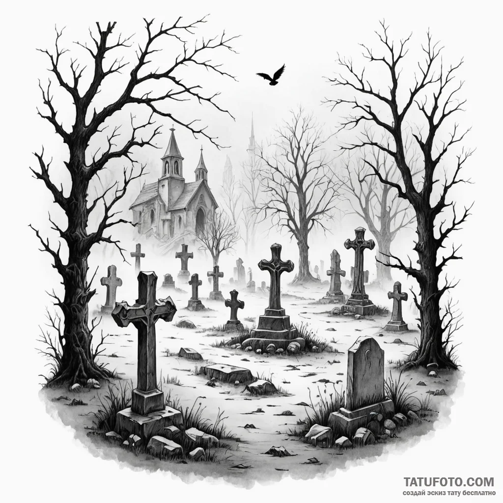 A graveyard scene with fog - эскиз тату (№1749793741_0, 13.06.2025 05:49) — Tatufoto.com