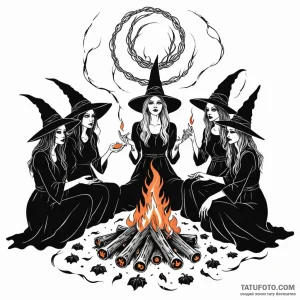 A coven of witches around a fire - эскиз тату (№1749794717_0, 13.06.2025 06:05) — Tatufoto.com
