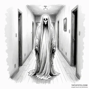 A ghostly apparition in a hallway - эскиз тату (№1749794845_0, 13.06.2025 06:07) — Tatufoto.com