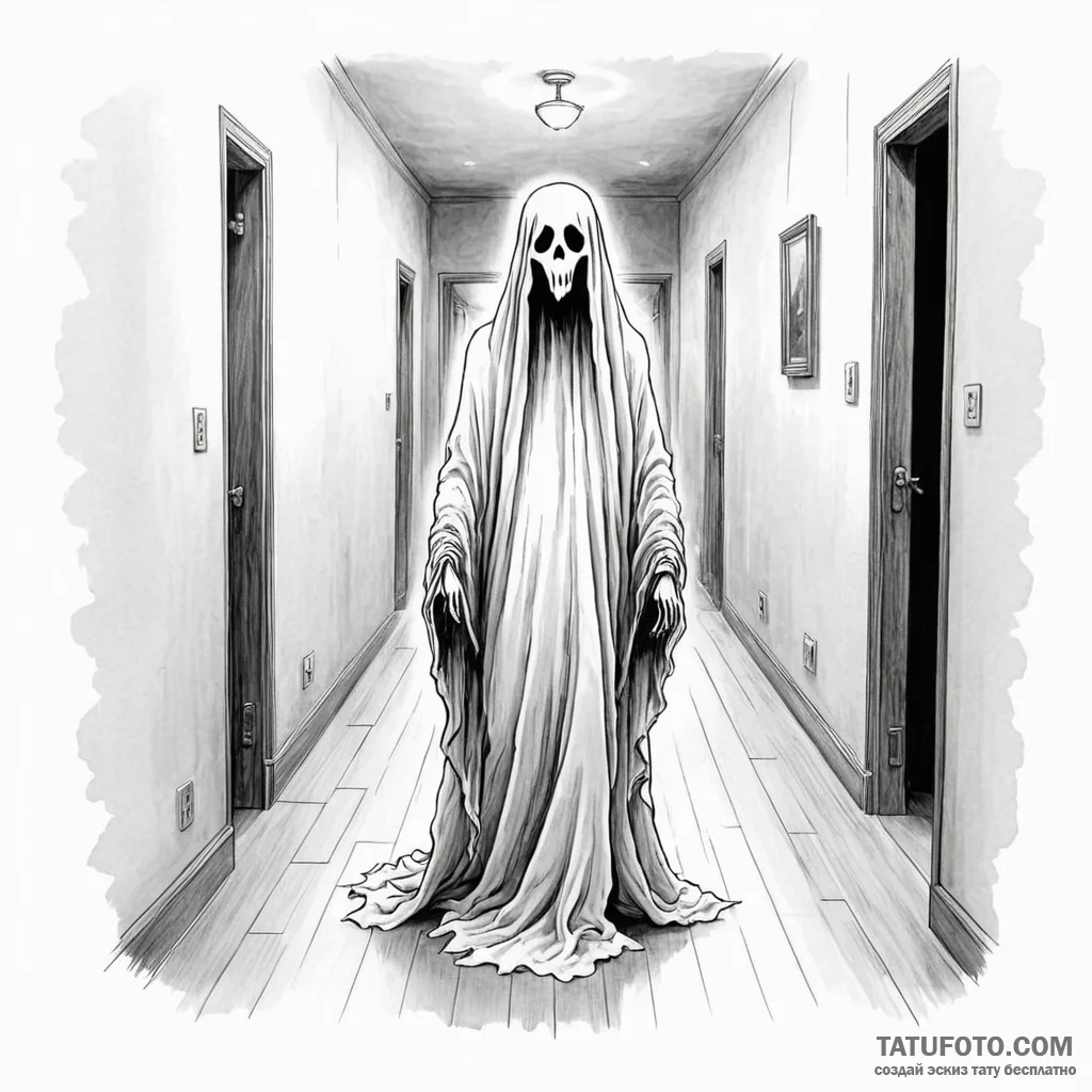 A ghostly apparition in a hallway — эскиз тату (№1749794845_0, 13.06.2025 06:07) — Tatufoto.com