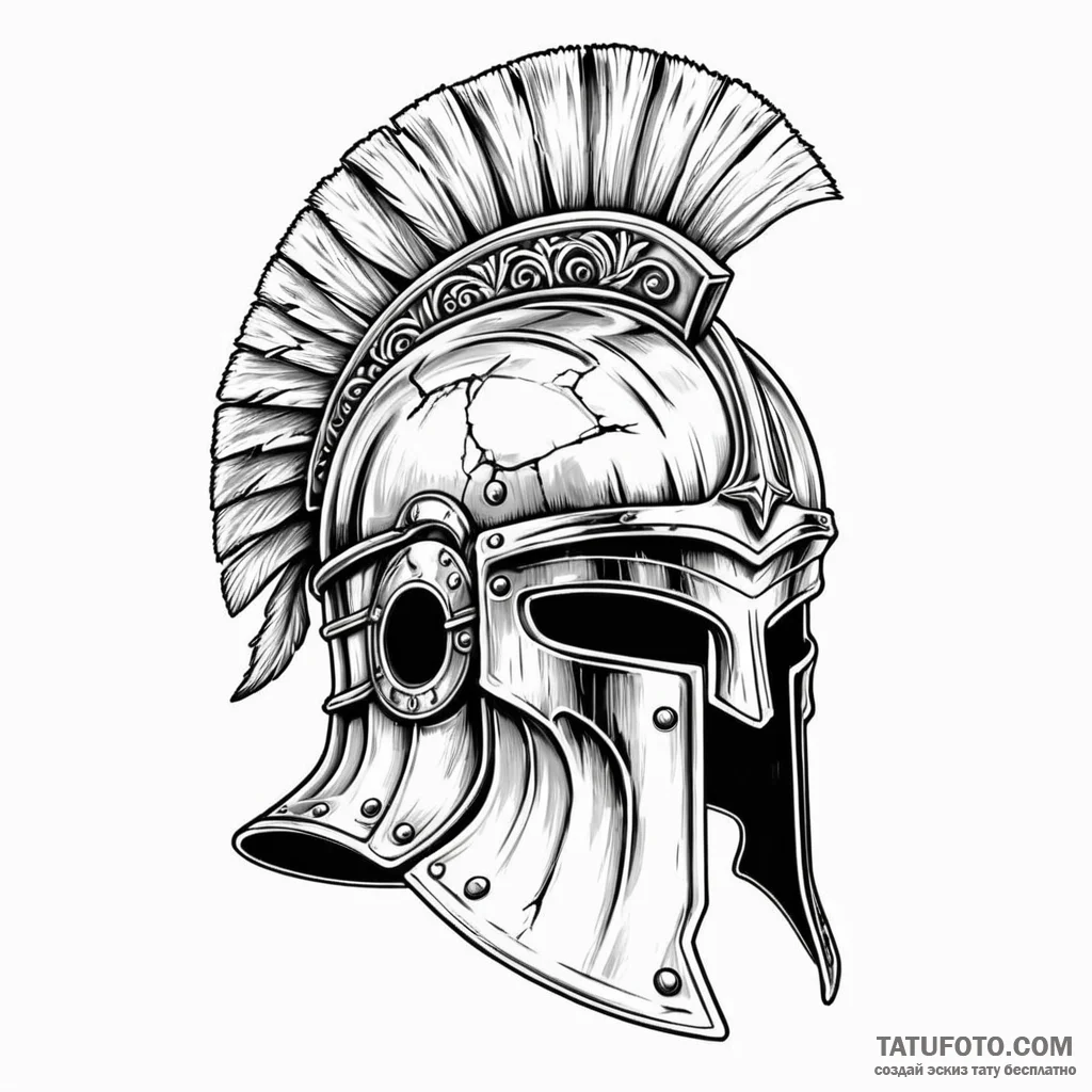 A roman centurion helmet with battle damage — эскиз тату (№1749795428_0, 13.06.2025 06:17) — Tatufoto.com