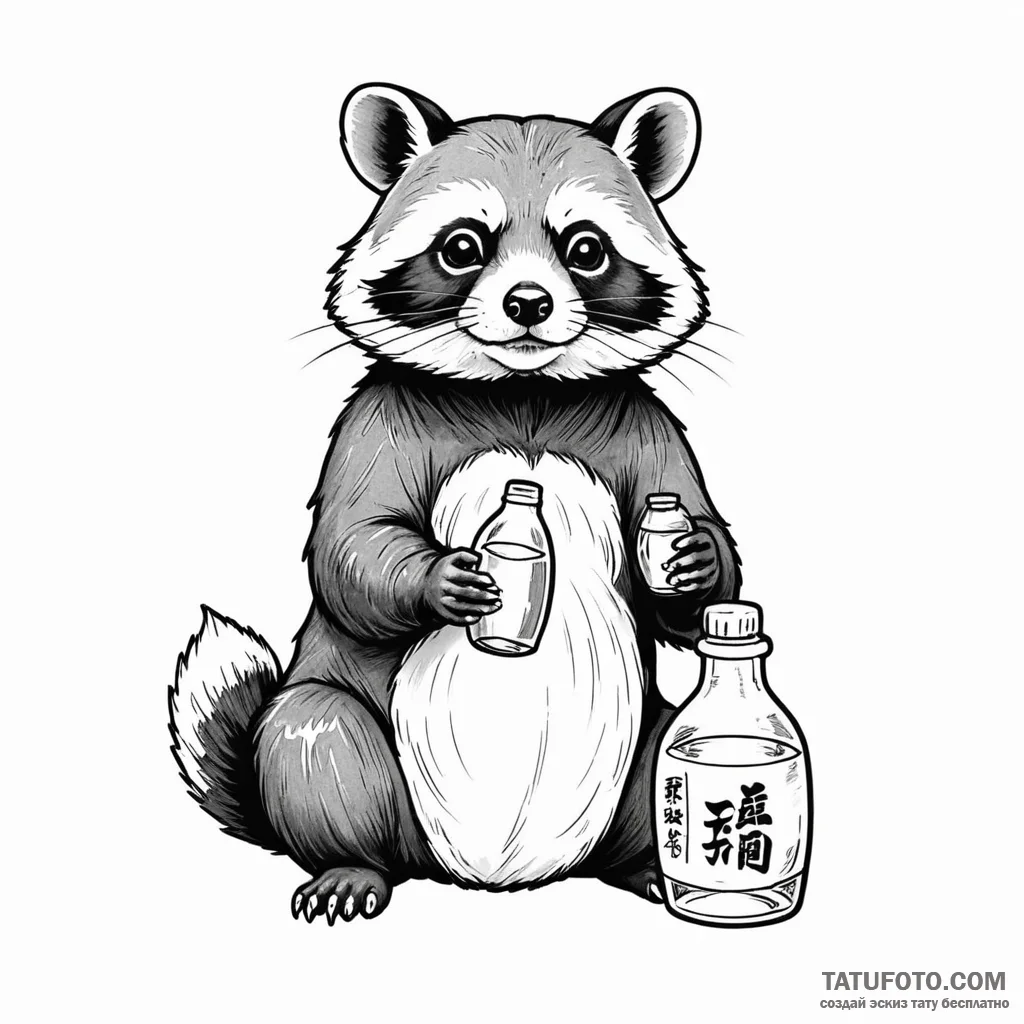 A tanuki with its sake bottle — эскиз тату (№1749795688_0, 13.06.2025 06:21) — Tatufoto.com