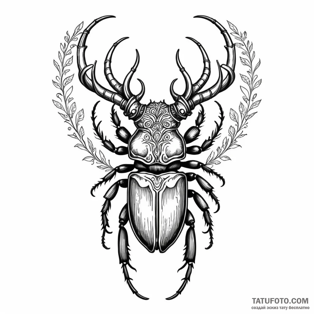 A stag beetle with ornate horns — эскиз тату (№1749797703_0, 13.06.2025 06:55) — Tatufoto.com