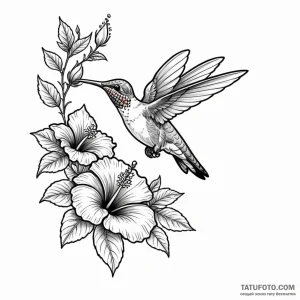 A hummingbird drinking from a hibiscus flower - эскиз тату (№1749798443_0, 13.06.2025 07:07) — Tatufoto.com
