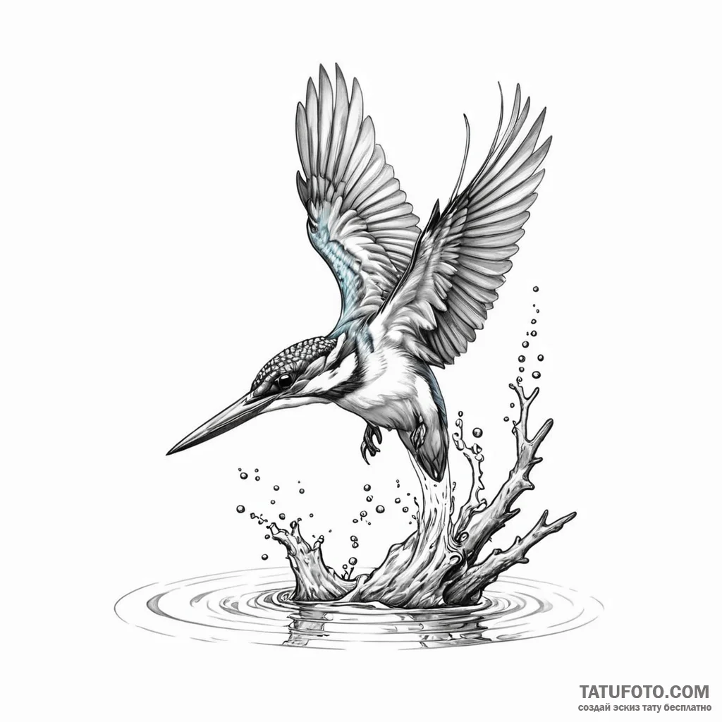 A kingfisher diving for a fish — эскиз тату (№1749798510_0, 13.06.2025 07:08) — Tatufoto.com