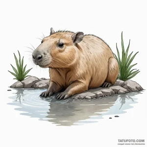 A capybara chilling in a hot spring - эскиз тату (№1749798902_0, 13.06.2025 07:15) — Tatufoto.com