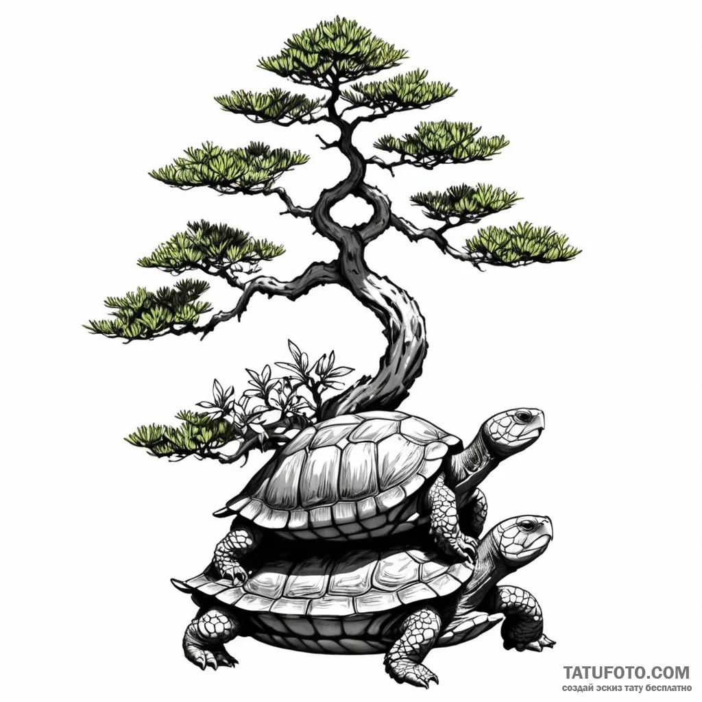A bonsai tree growing on a turtle's back - эскиз тату (№1749799735_0, 13.06.2025 07:28) — Tatufoto.com