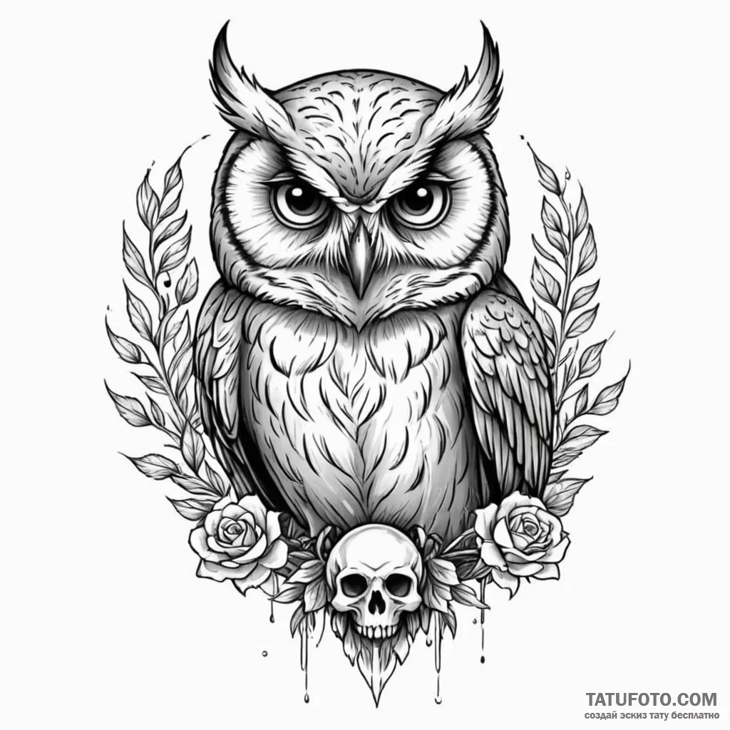 Owl with skull - эскиз тату (№1749837415_0, 13.06.2025 17:56) — Tatufoto.com